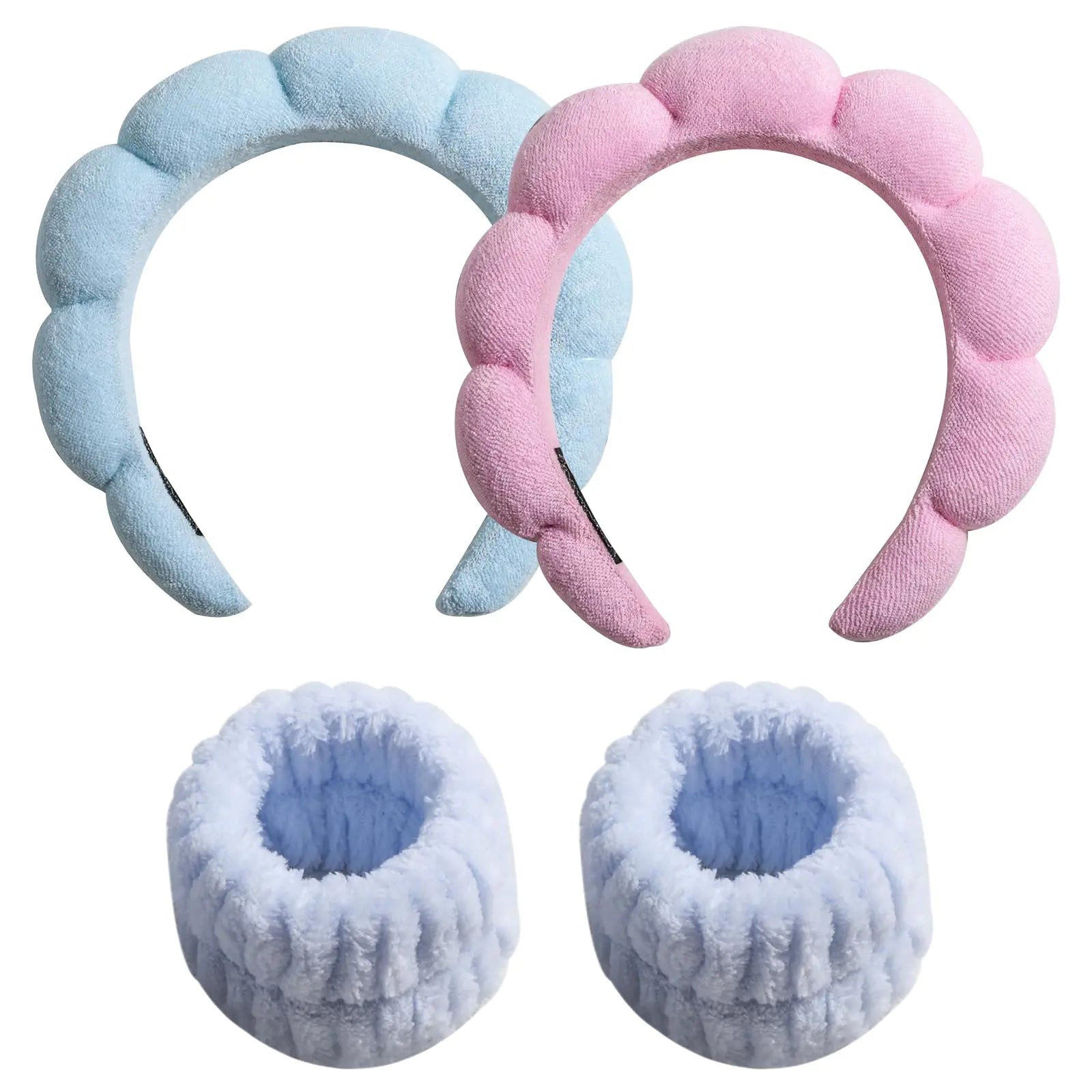 oneleaf Spa Facial Headband Sponge Makeup Headband Girls Washing Face Skincare Padded Soft Microfiber Spa Wrist Washband Ladies Spa Hair Wraps Headbands for Shower Makeup Bath-Blue&Pink