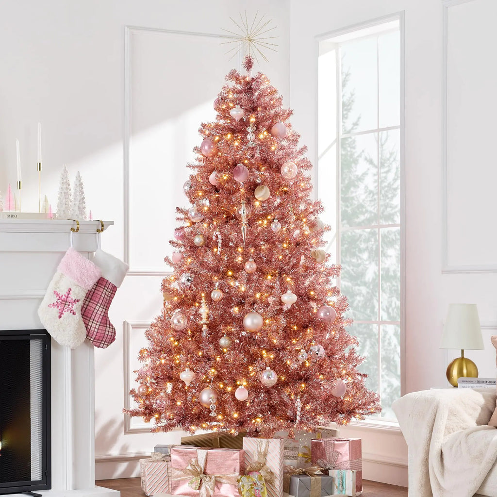 Best Choice Products 9ft Prelit Tinsel Christmas Tree Artificial Seasonal Holiday Decoration w/ 2097 Branch Tips Stand - Pink